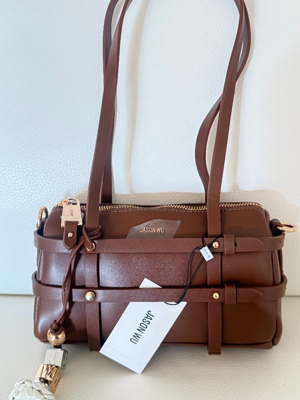 NWT JASON WU BROWN SATCHEL CROSSBODY BAG BROWN W FLORAL LOGO CHARM